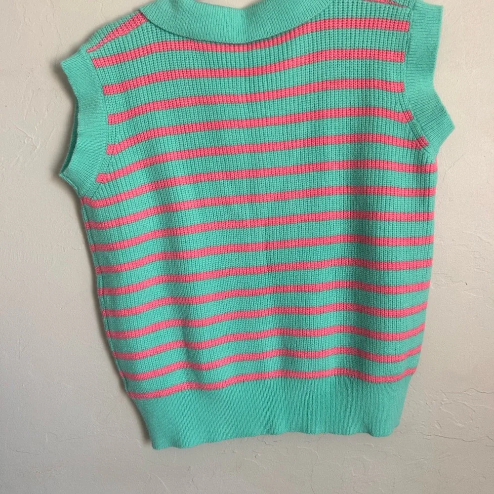 BiBi Women's V-Neck Striped Sweater - Teal and Pink - Picture 7 of 11